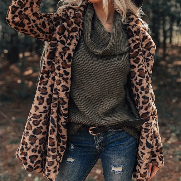 Leopard Print Pocket Coat Faux Fur Jacket - Picture 7 of 13